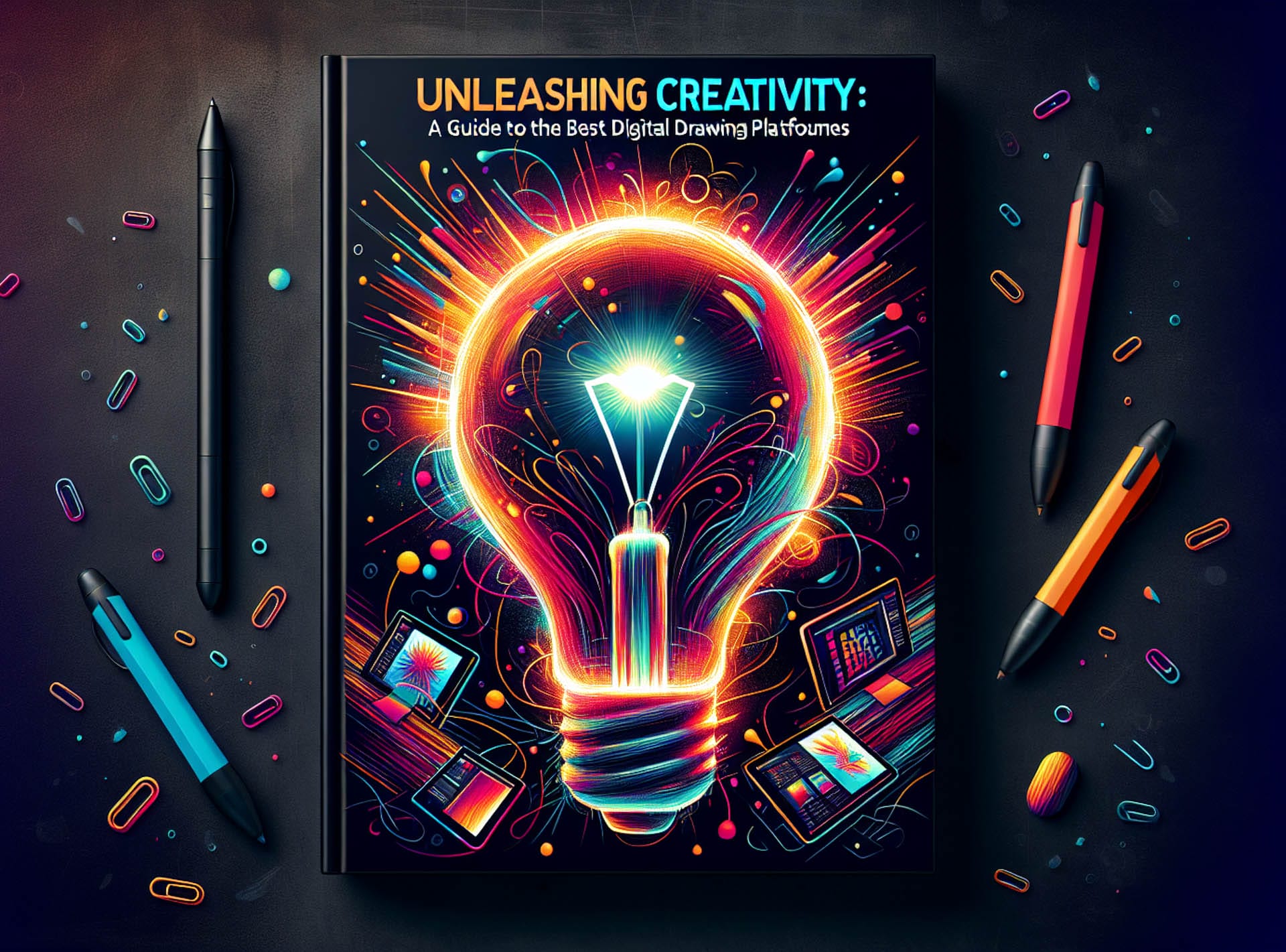 An illustrative guide showcasing the best digital drawing platforms. The cover features a brilliantly lit, stylized light bulb, a universal symbol for ideas and creativity, shining brightly against a dark background.