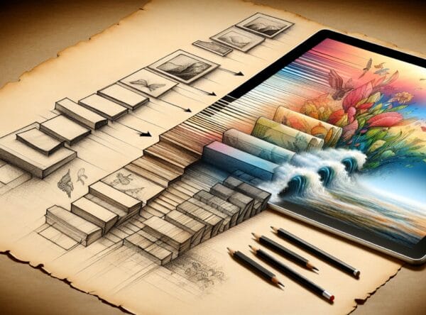 A visualization of the process of transforming traditional paper drawings into digital artworks.