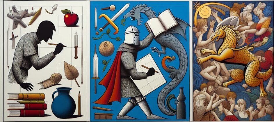 A triptych depicting the evolution of storytelling: left panel shows a draftsman with tools and an apple, center has a knight with a dragon, and right features a dragon with a crowd. Each panel includes text with creative misspellings.